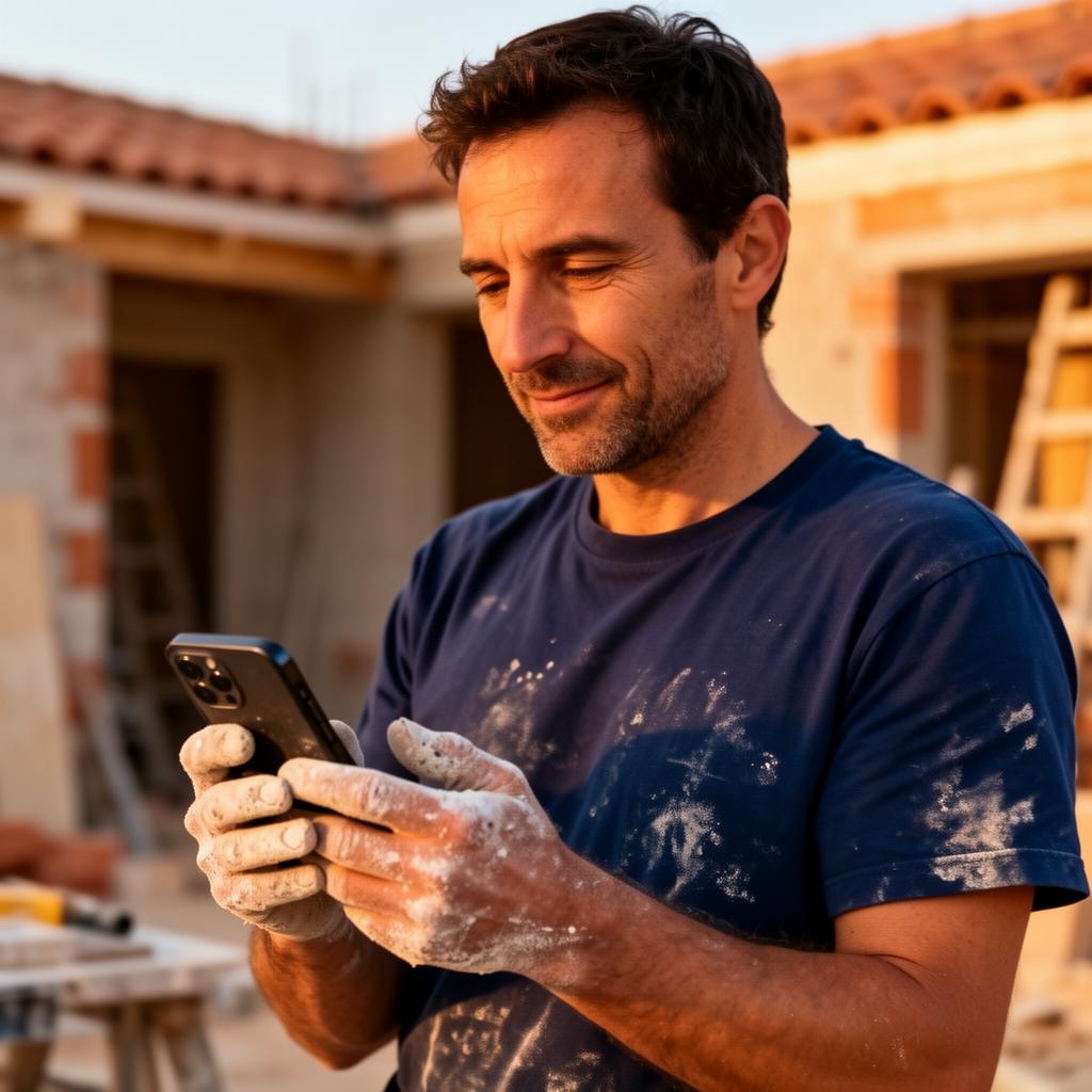 Artisan sur son chantier consultant son téléphone